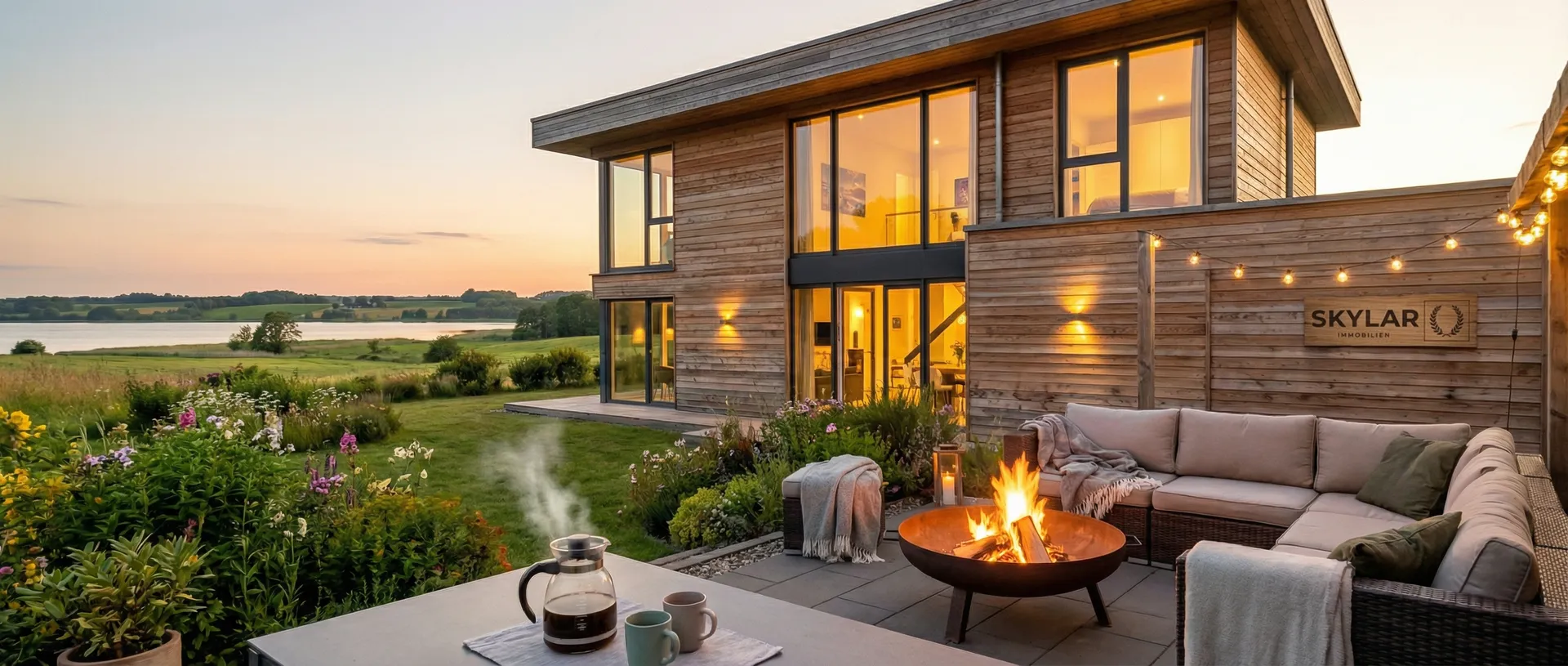 Moderne Holzvilla am See bei Sonnenuntergang - Skylar Immobilien